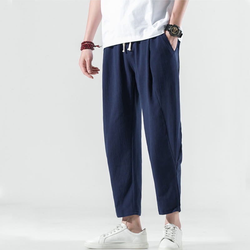Casual Plain Pleated Design Drawstring Men's Long Cotton Linen Harem Pants With Pockets