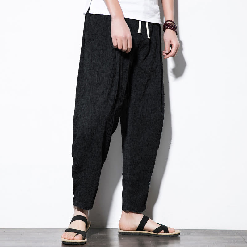 Casual Plain Pleated Design Drawstring Men's Long Cotton Linen Harem Pants With Pockets