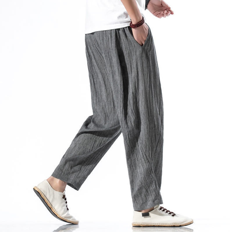 Casual Plain Pleated Design Drawstring Men's Long Cotton Linen Harem Pants With Pockets
