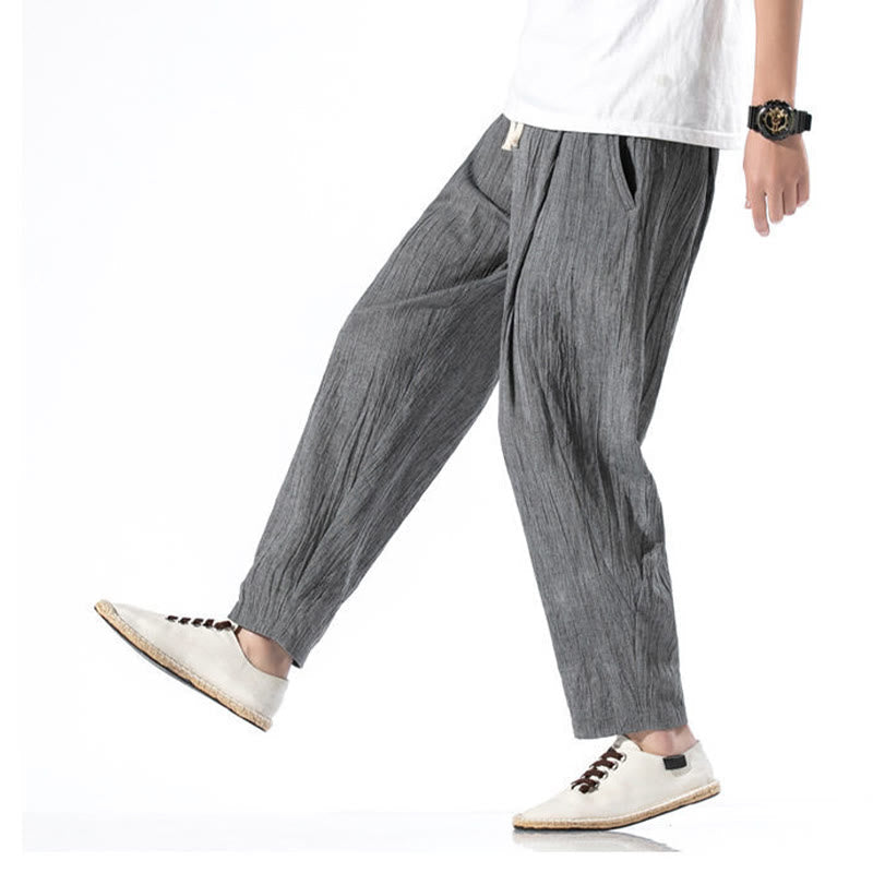 Casual Plain Pleated Design Drawstring Men's Long Cotton Linen Harem Pants With Pockets