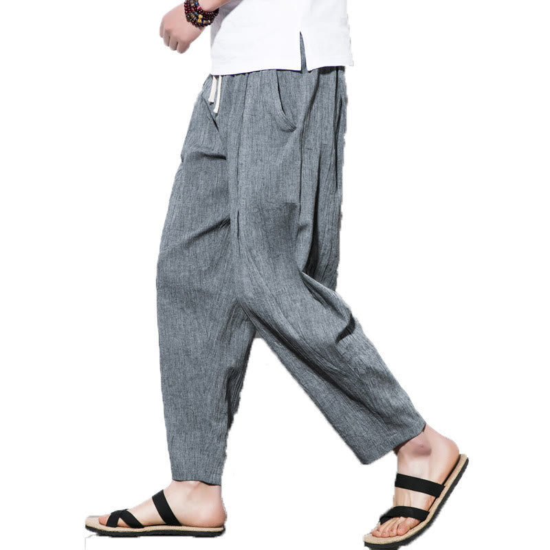 Casual Plain Pleated Design Drawstring Men's Long Cotton Linen Harem Pants With Pockets
