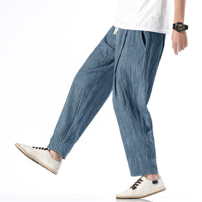 Casual Plain Pleated Design Drawstring Men's Long Cotton Linen Harem Pants With Pockets