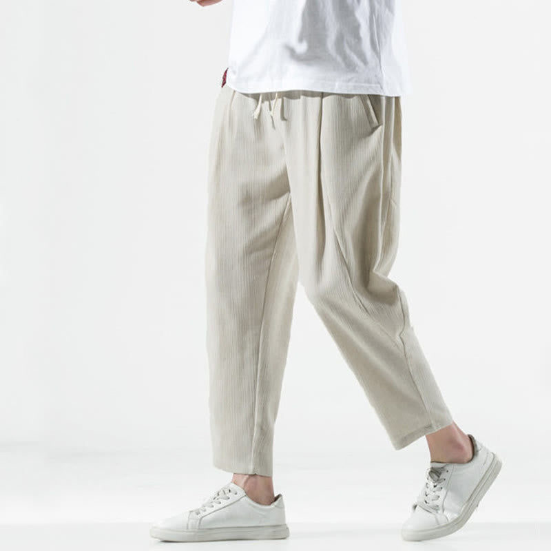 Casual Plain Pleated Design Drawstring Men's Long Cotton Linen Harem Pants With Pockets