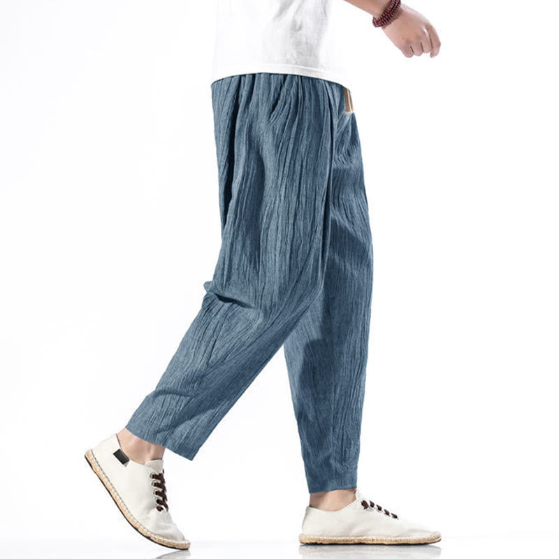 Casual Plain Pleated Design Drawstring Men's Long Cotton Linen Harem Pants With Pockets