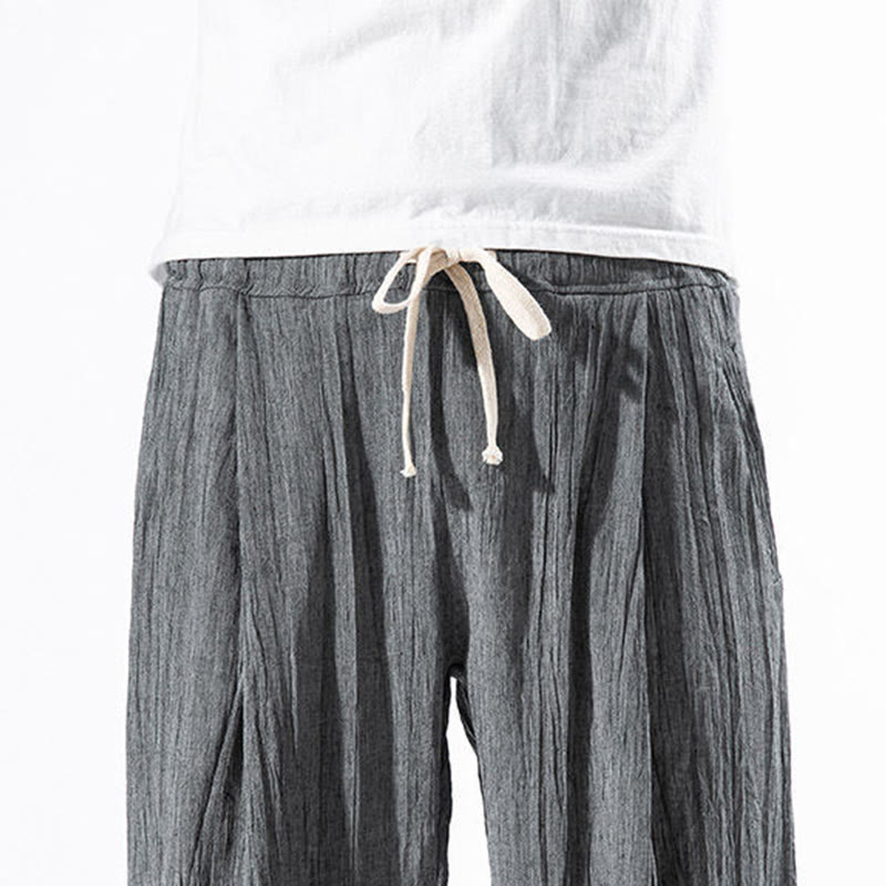 Casual Plain Pleated Design Drawstring Men's Long Cotton Linen Harem Pants With Pockets
