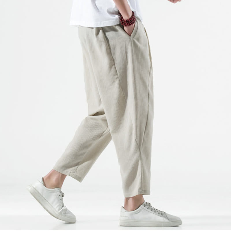 Casual Plain Pleated Design Drawstring Men's Long Cotton Linen Harem Pants With Pockets