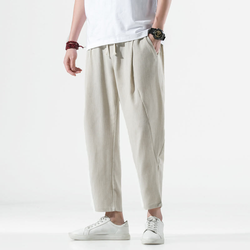 Casual Plain Pleated Design Drawstring Men's Long Cotton Linen Harem Pants With Pockets