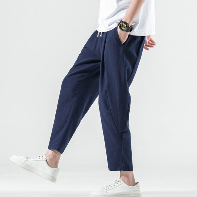 Casual Plain Pleated Design Drawstring Men's Long Cotton Linen Harem Pants With Pockets