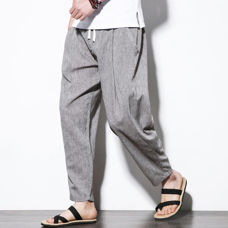 Casual Plain Pleated Design Drawstring Men's Long Cotton Linen Harem Pants With Pockets
