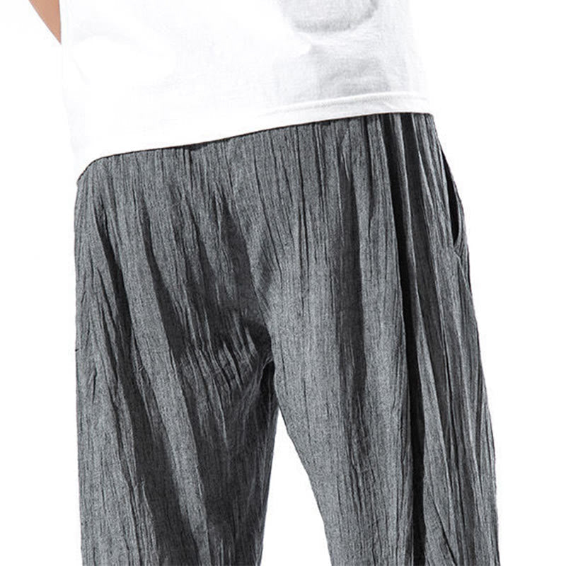 Casual Plain Pleated Design Drawstring Men's Long Cotton Linen Harem Pants With Pockets
