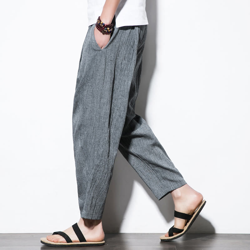 Casual Plain Pleated Design Drawstring Men's Long Cotton Linen Harem Pants With Pockets