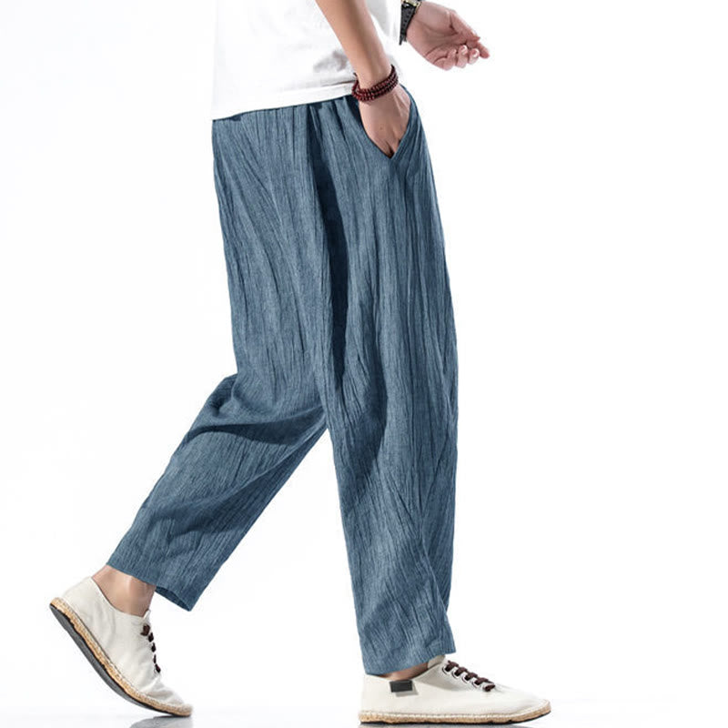 Casual Plain Pleated Design Drawstring Men's Long Cotton Linen Harem Pants With Pockets