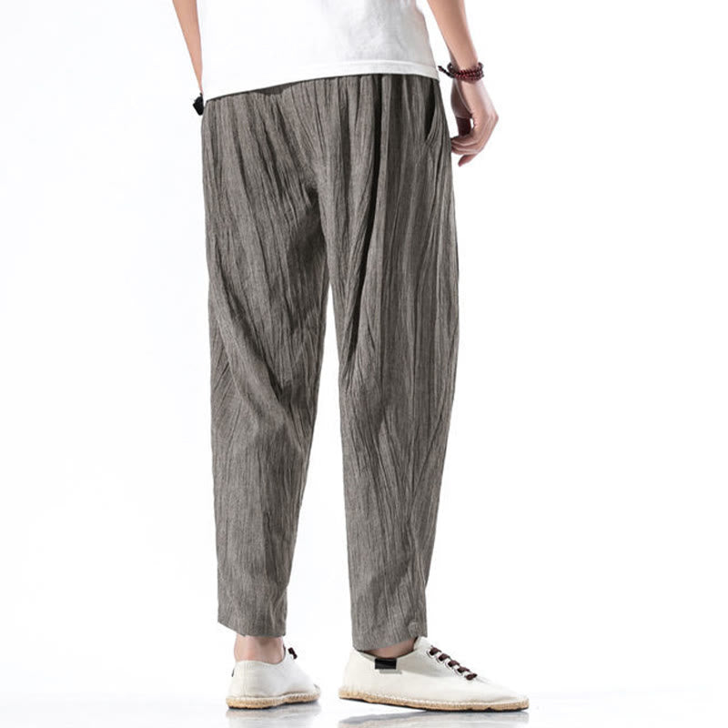 Casual Plain Pleated Design Drawstring Men's Long Cotton Linen Harem Pants With Pockets