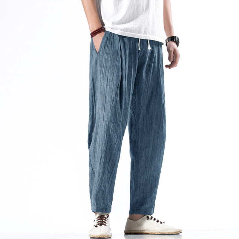 Casual Plain Pleated Design Drawstring Men's Long Cotton Linen Harem Pants With Pockets