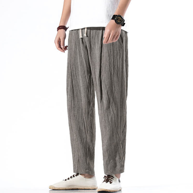 Casual Plain Pleated Design Drawstring Men's Long Cotton Linen Harem Pants With Pockets
