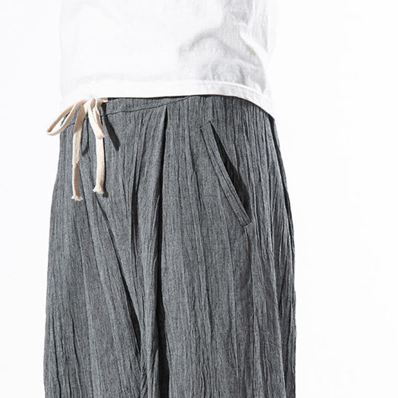Casual Plain Pleated Design Drawstring Men's Long Cotton Linen Harem Pants With Pockets