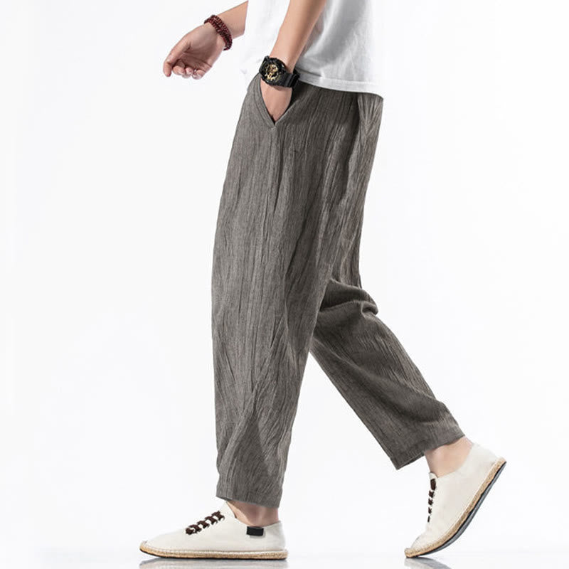 Casual Plain Pleated Design Drawstring Men's Long Cotton Linen Harem Pants With Pockets