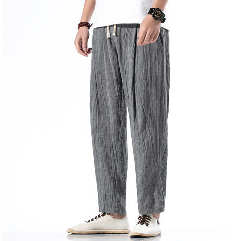 Casual Plain Pleated Design Drawstring Men's Long Cotton Linen Harem Pants With Pockets