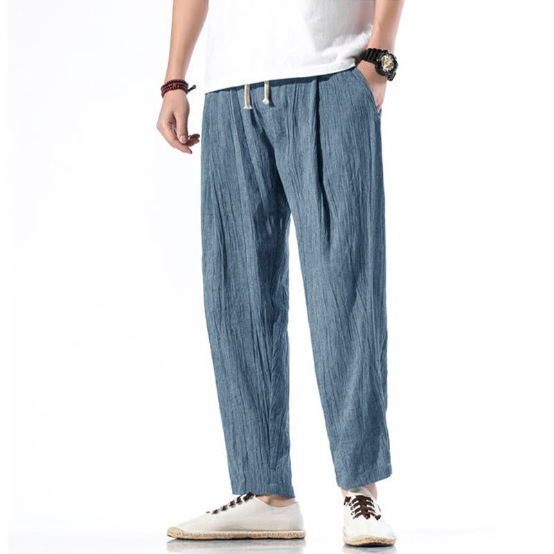 Casual Plain Pleated Design Drawstring Men's Long Cotton Linen Harem Pants With Pockets