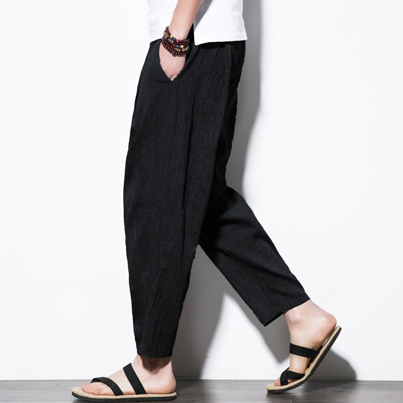 Casual Plain Pleated Design Drawstring Men's Long Cotton Linen Harem Pants With Pockets