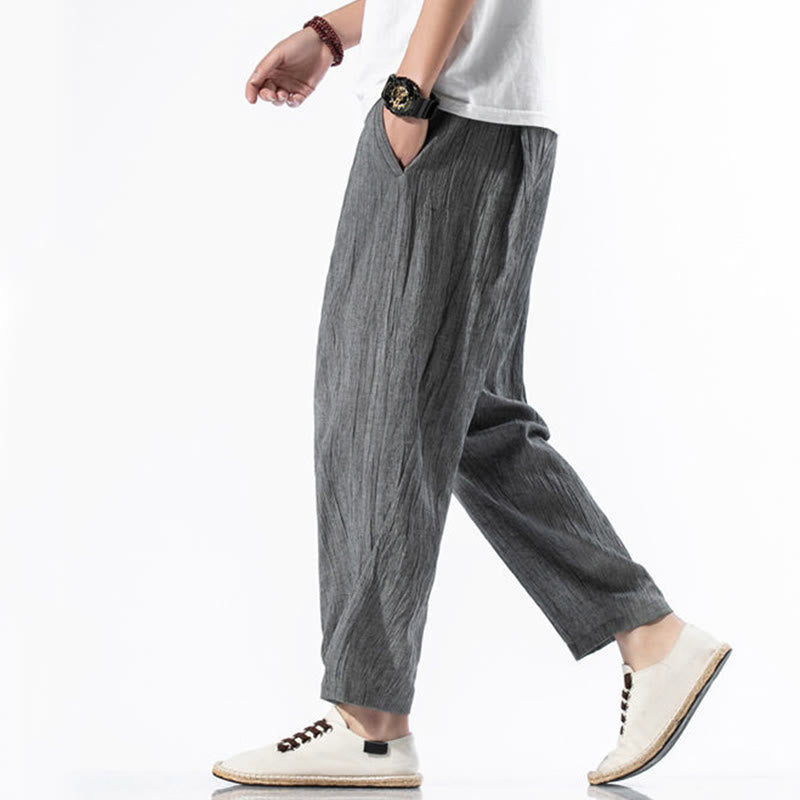 Casual Plain Pleated Design Drawstring Men's Long Cotton Linen Harem Pants With Pockets