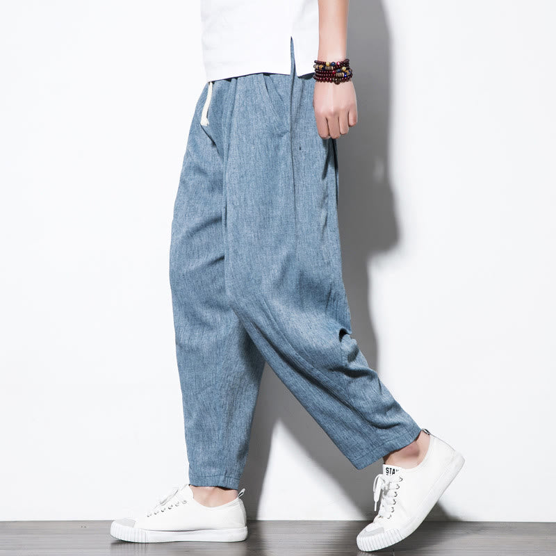 Casual Plain Pleated Design Drawstring Men's Long Cotton Linen Harem Pants With Pockets