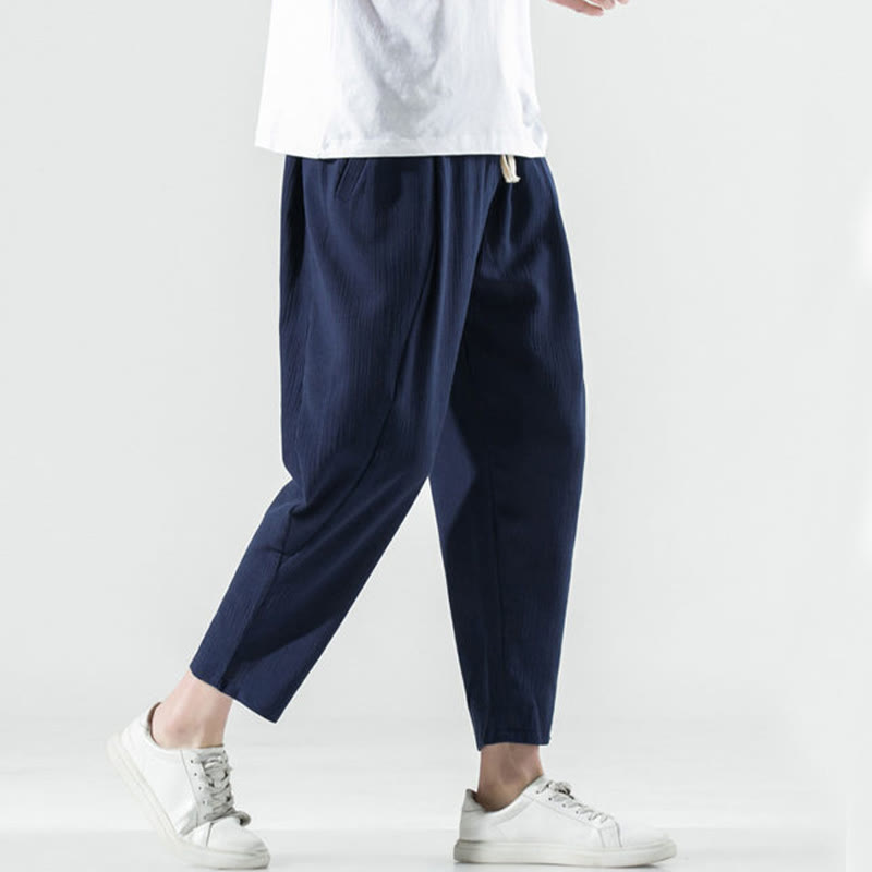 Casual Plain Pleated Design Drawstring Men's Long Cotton Linen Harem Pants With Pockets