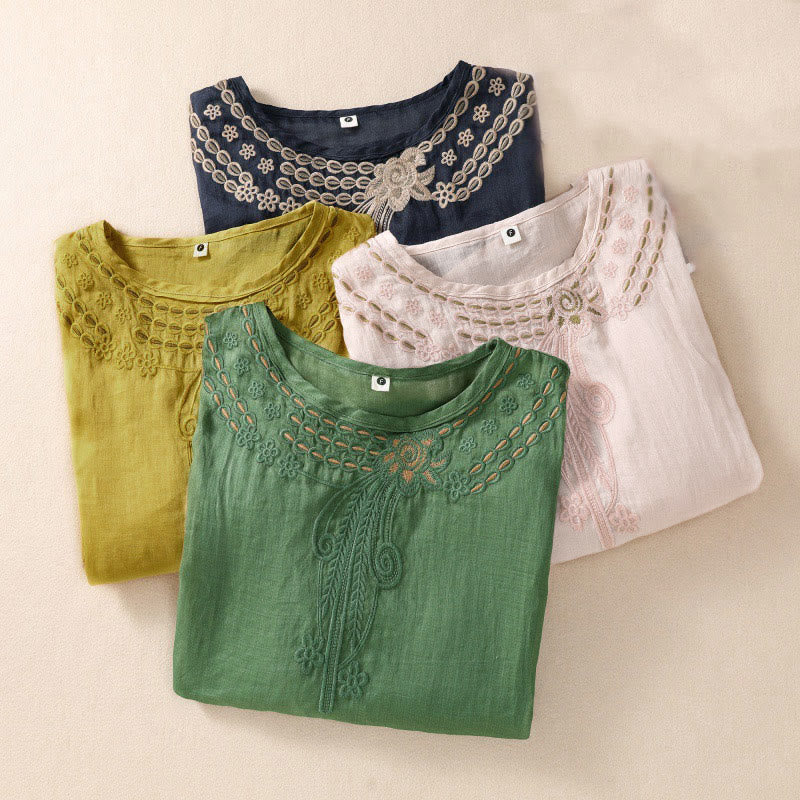 Women's Crew Neck Hollow Design Half Sleeve Cotton Linen Shirt