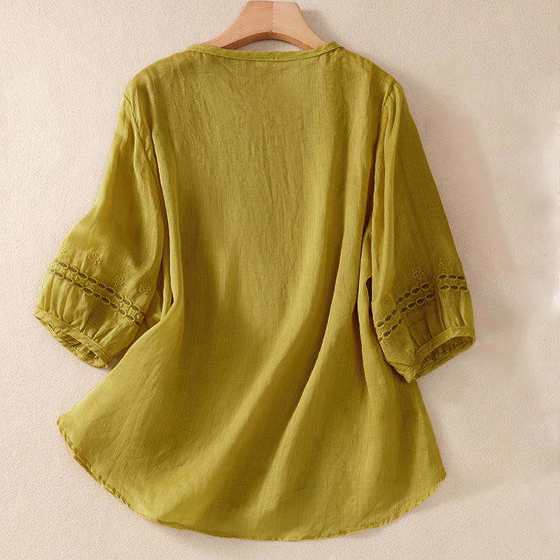 Women's Crew Neck Hollow Design Half Sleeve Cotton Linen Shirt