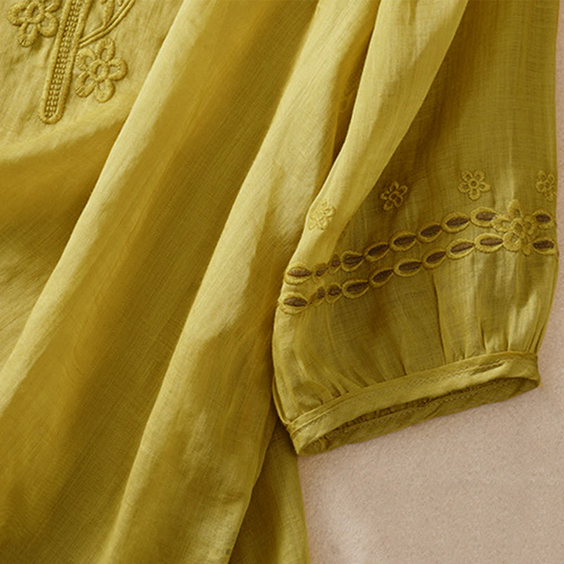 Women's Crew Neck Hollow Design Half Sleeve Cotton Linen Shirt