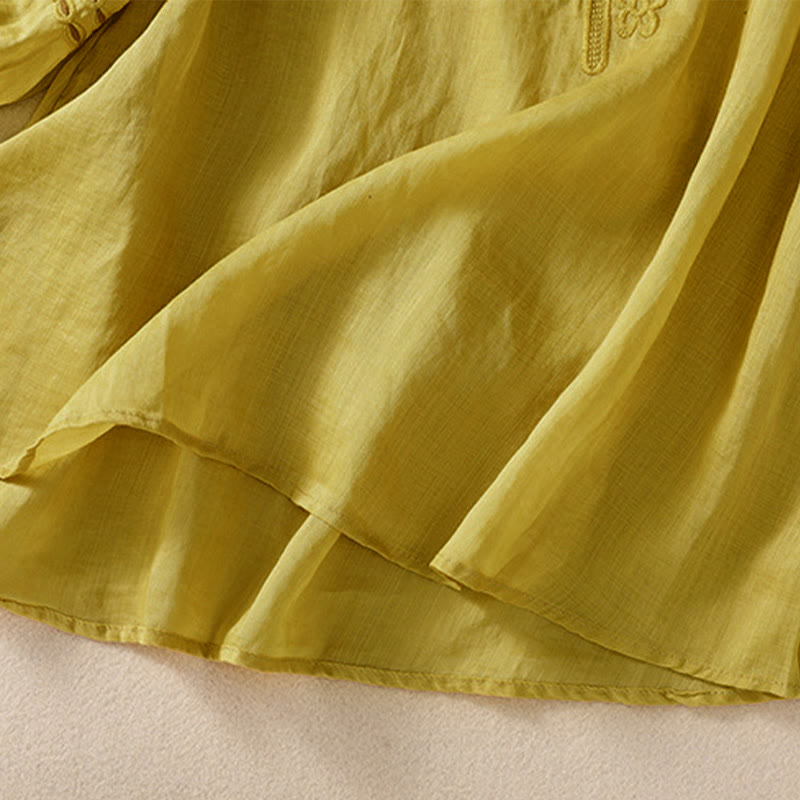 Women's Crew Neck Hollow Design Half Sleeve Cotton Linen Shirt