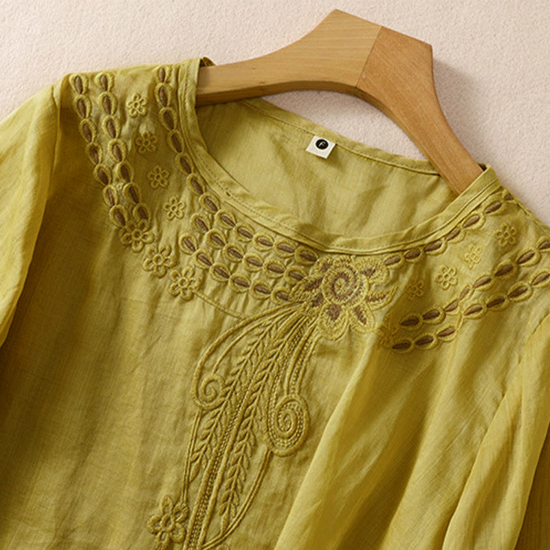 Women's Crew Neck Hollow Design Half Sleeve Cotton Linen Shirt