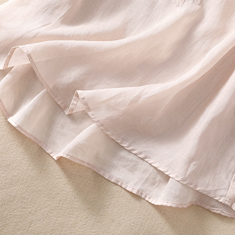 Women's Crew Neck Hollow Design Half Sleeve Cotton Linen Shirt