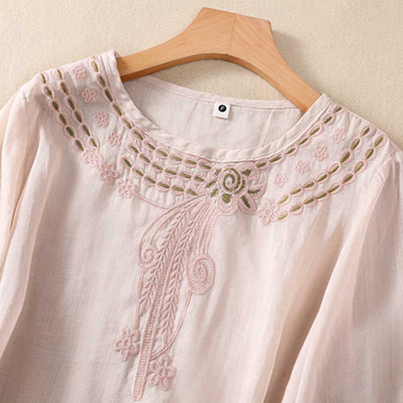 Women's Crew Neck Hollow Design Half Sleeve Cotton Linen Shirt