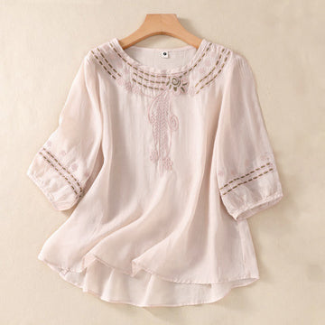 Women's Crew Neck Hollow Design Half Sleeve Cotton Linen Shirt