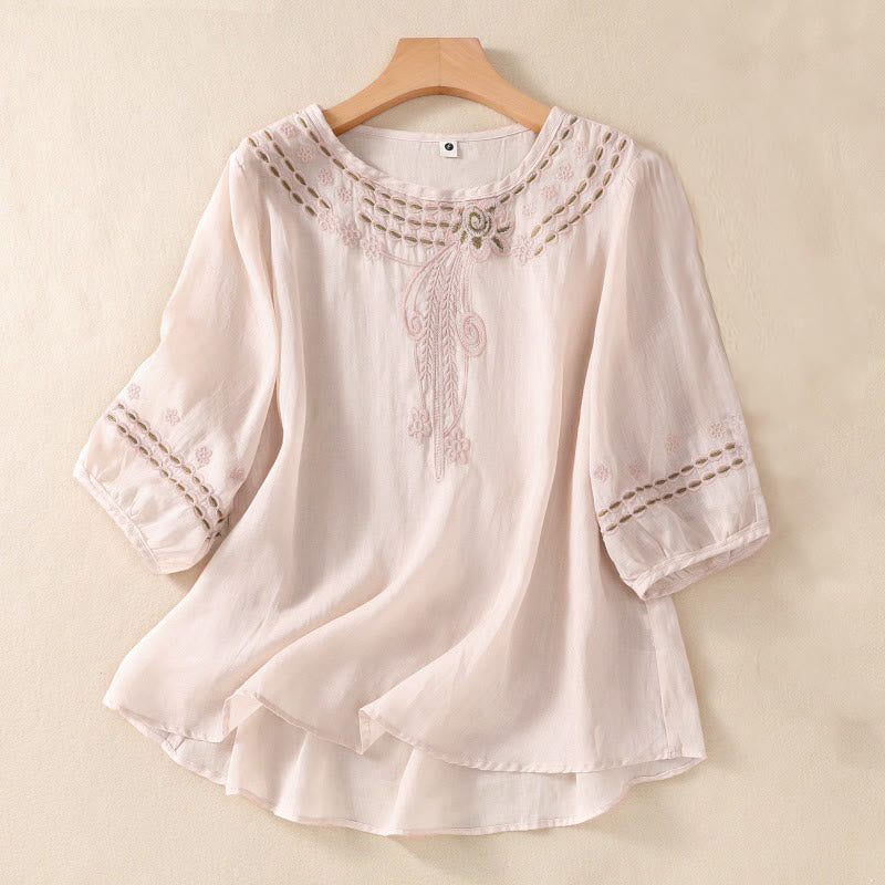 Women's Crew Neck Hollow Design Half Sleeve Cotton Linen Shirt