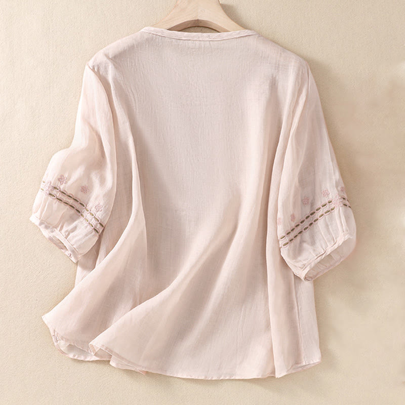 Women's Crew Neck Hollow Design Half Sleeve Cotton Linen Shirt