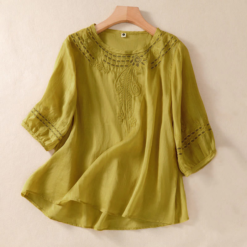 Women's Crew Neck Hollow Design Half Sleeve Cotton Linen Shirt