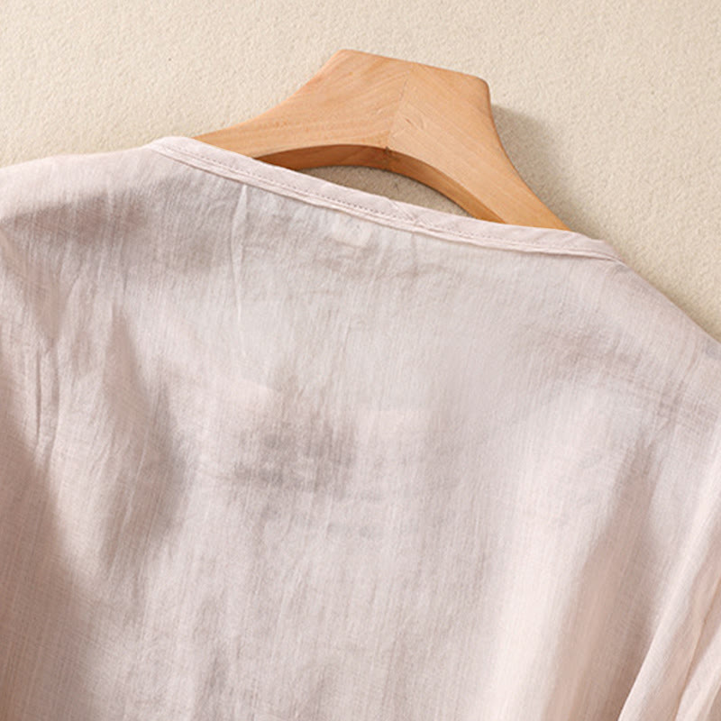 Women's Crew Neck Hollow Design Half Sleeve Cotton Linen Shirt