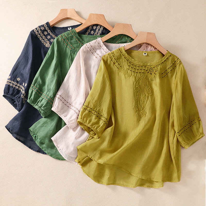 Women's Crew Neck Hollow Design Half Sleeve Cotton Linen Shirt