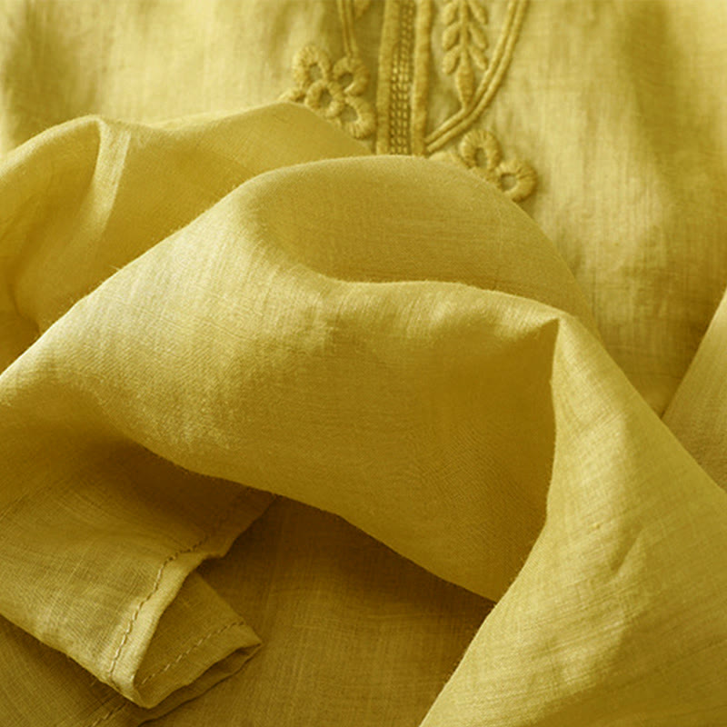 Women's Crew Neck Hollow Design Half Sleeve Cotton Linen Shirt