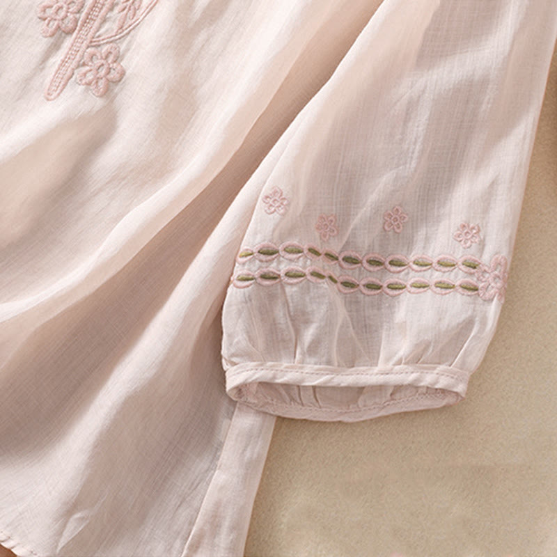 Women's Crew Neck Hollow Design Half Sleeve Cotton Linen Shirt