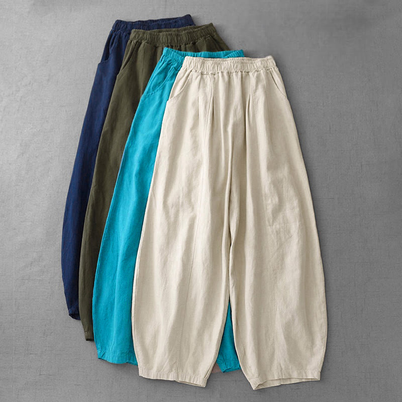 Casual Plain 7-8 Length Women's Cotton Linen Harem Pants With Pockets