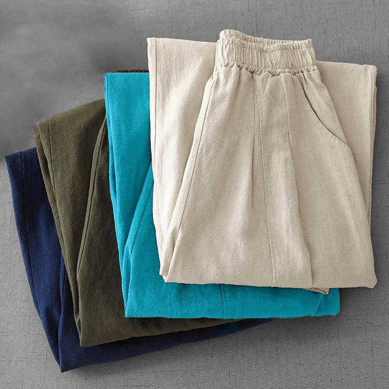 Casual Plain 7-8 Length Women's Cotton Linen Harem Pants With Pockets