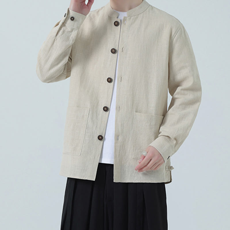 Men's Button Ramie Linen Cotton Fleece Lined Jacket Shirt With Pockets