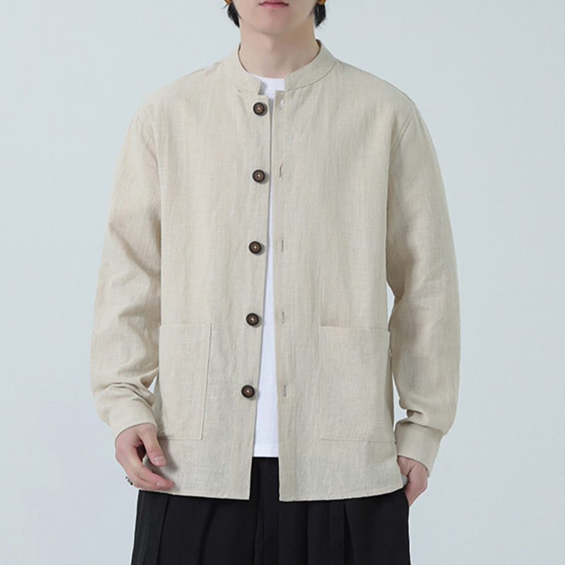 Men's Button Ramie Linen Cotton Fleece Lined Jacket Shirt With Pockets