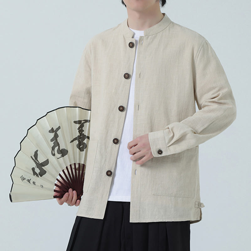 Men's Button Ramie Linen Cotton Fleece Lined Jacket Shirt With Pockets