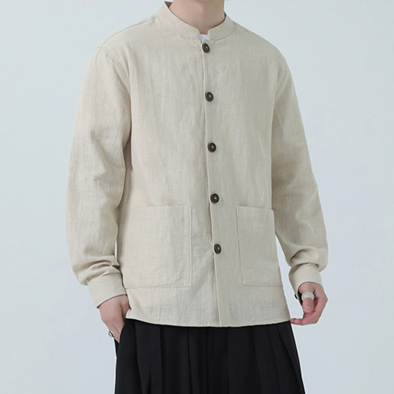 Men's Button Ramie Linen Cotton Fleece Lined Jacket Shirt With Pockets