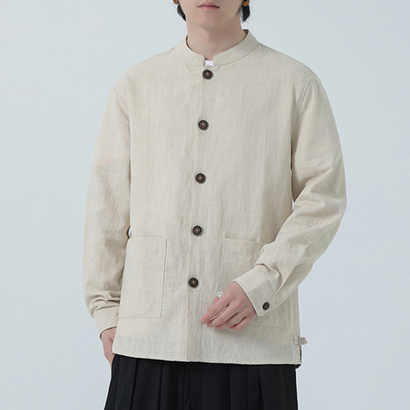 Men's Button Ramie Linen Cotton Fleece Lined Jacket Shirt With Pockets