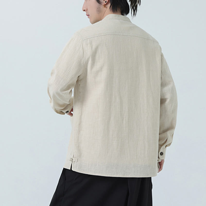 Men's Button Ramie Linen Cotton Fleece Lined Jacket Shirt With Pockets